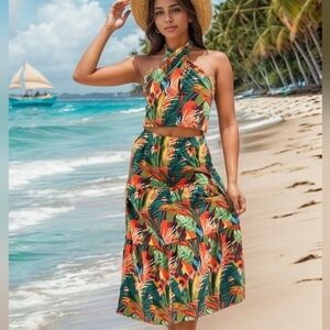 O.P.T Tropical Palm Halter Neck & Skirt Set